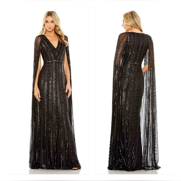 Mac Duggal 5915 Cape Sleeve Beaded Evening Dress in BlackBerry - Picture 1 of 7